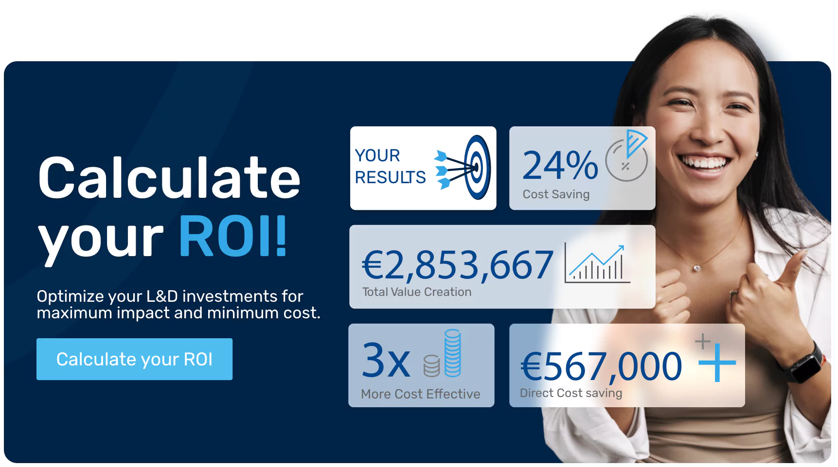 Smiling asian girl with some roi results dashboards on her front of