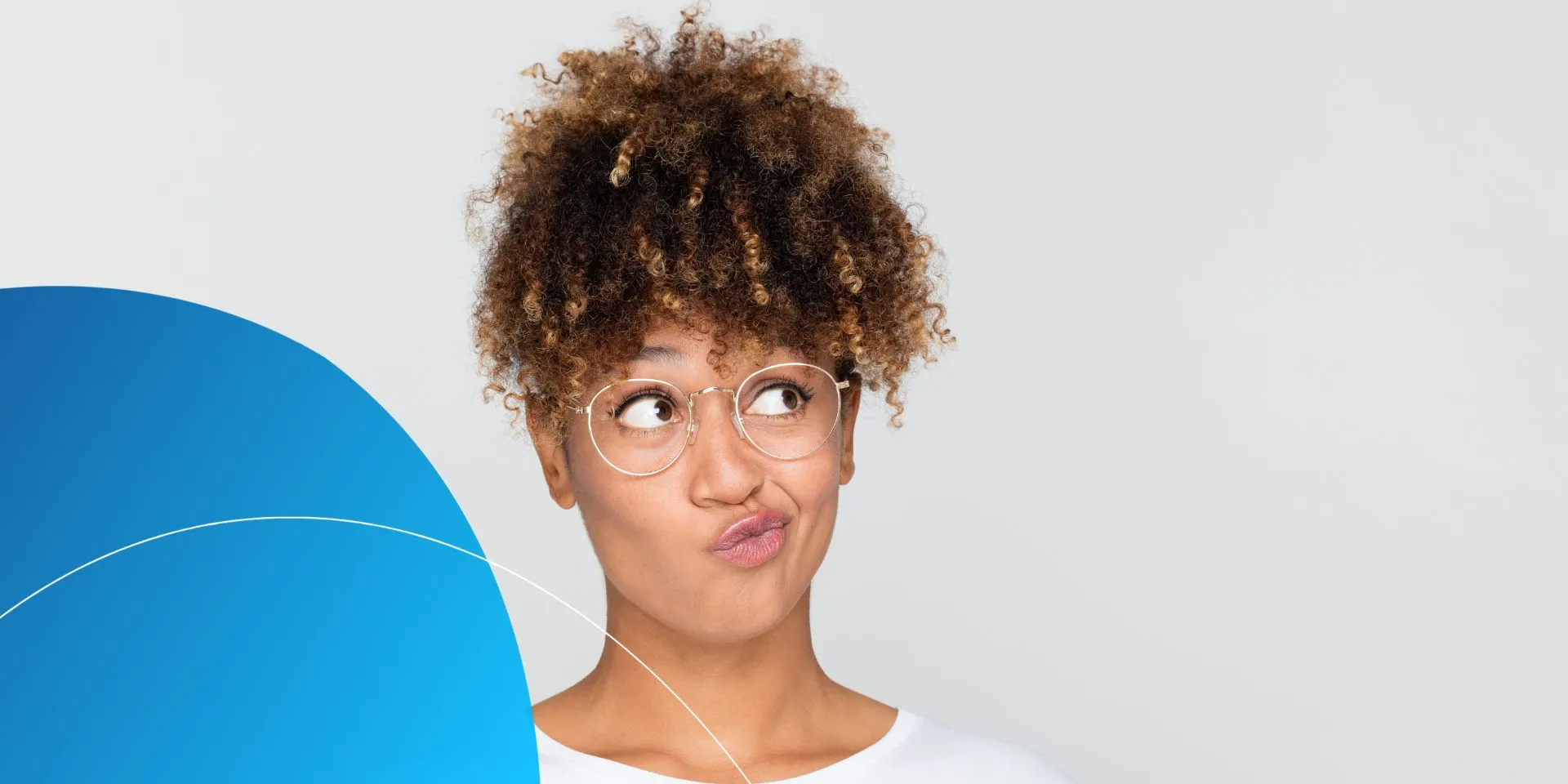 woman wearing glasses with thinking face and pouted lips