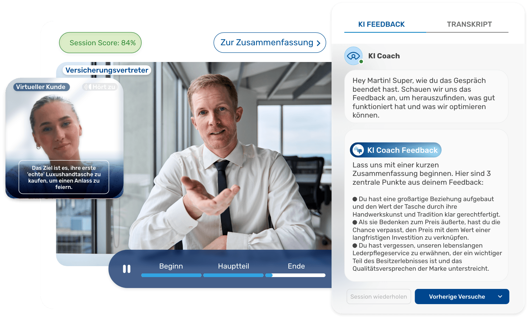 Retorio Ansicht während der Sitzung mit einem virtuellen Kunden links und laufender verhaltensbasierter Bewertung rechts