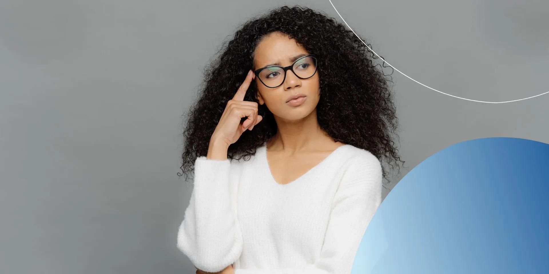 Woman wearing white shirt and glasses with thinking pose 